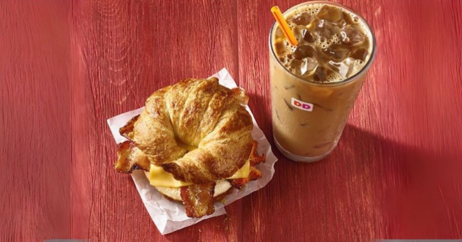 Maple Sugar Bacon Breakfast Sandwich and drink on table