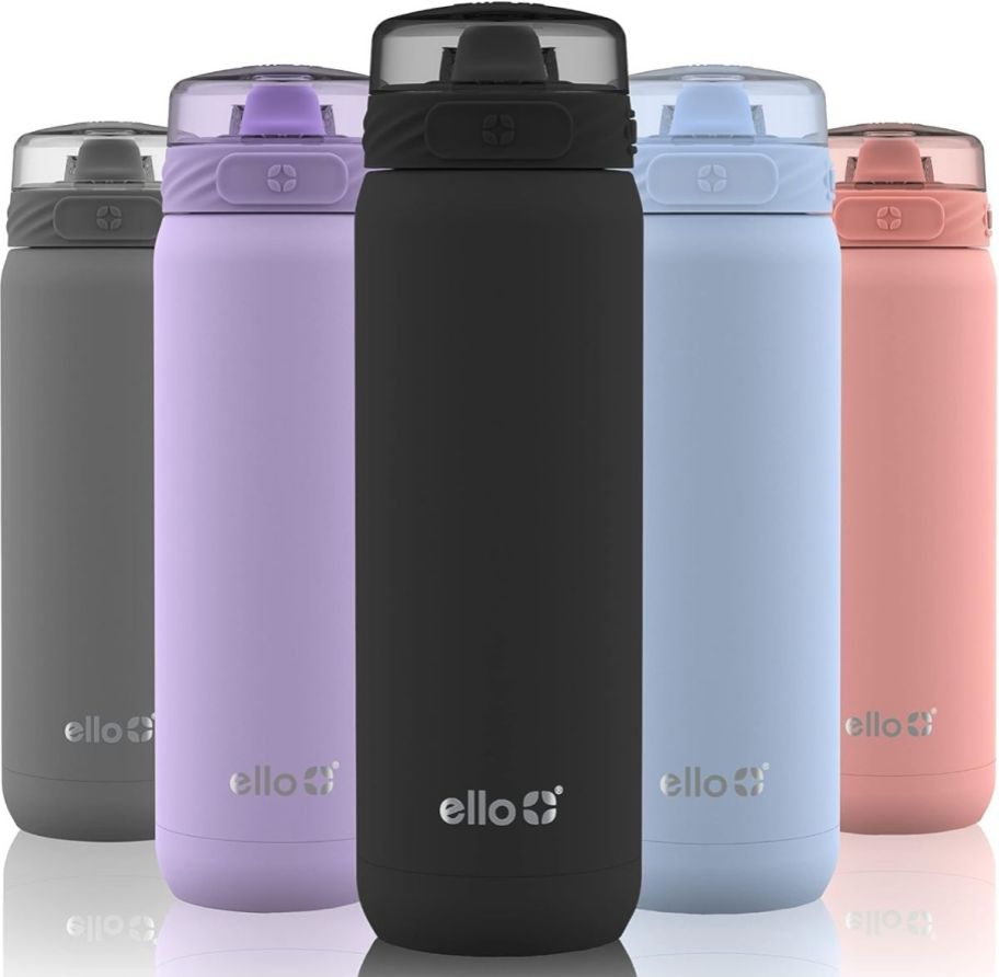 5 ello 22oz stainless steel water bottles in various colors