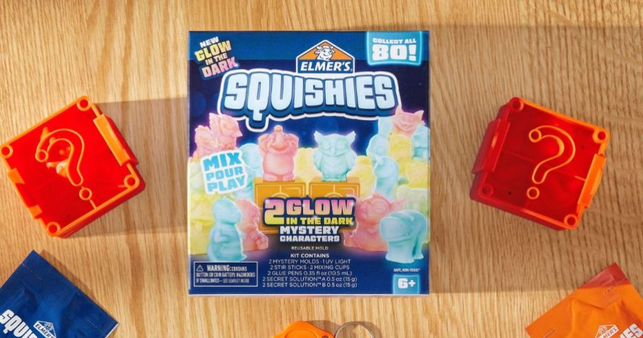 Elmer's Squishies Activity Kit w/ 2 Glow-In-The-Dark Mystery Characters box on table