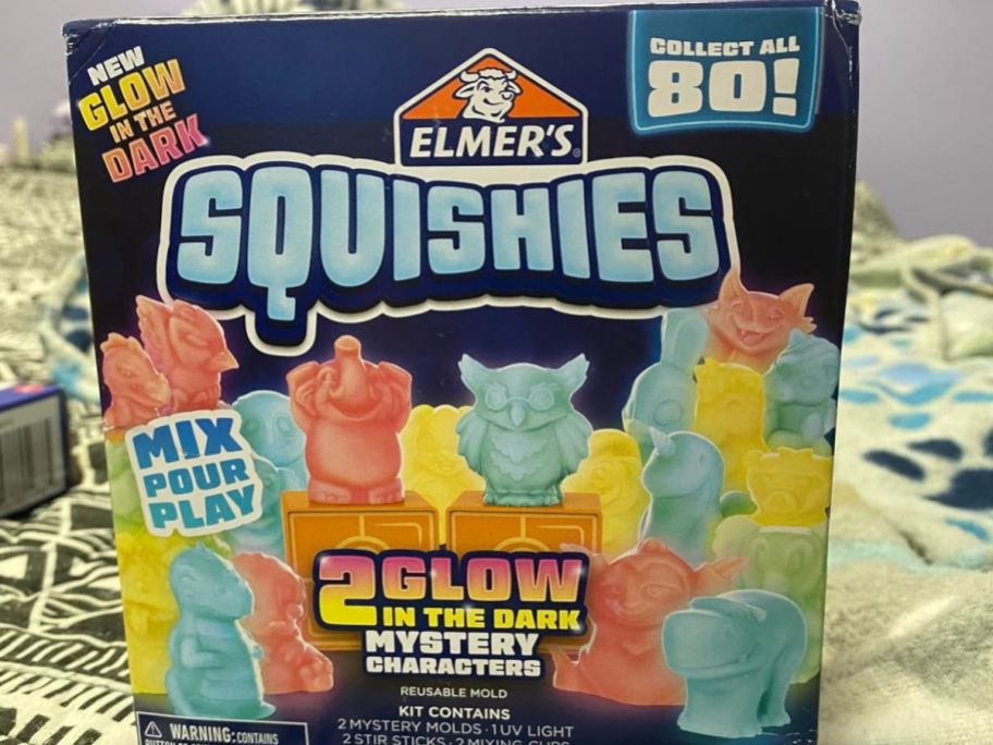 Elmer's Squishies Activity Kit w/ 2 Glow-In-The-Dark Mystery Characters box on table