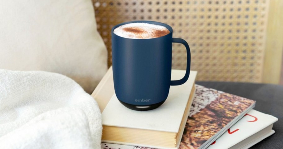 blue coffee mug on top of a stack of books