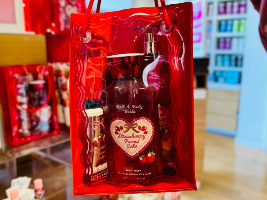 A Bath & Body Works Strawberry Pound Cake Body Care Gift Set