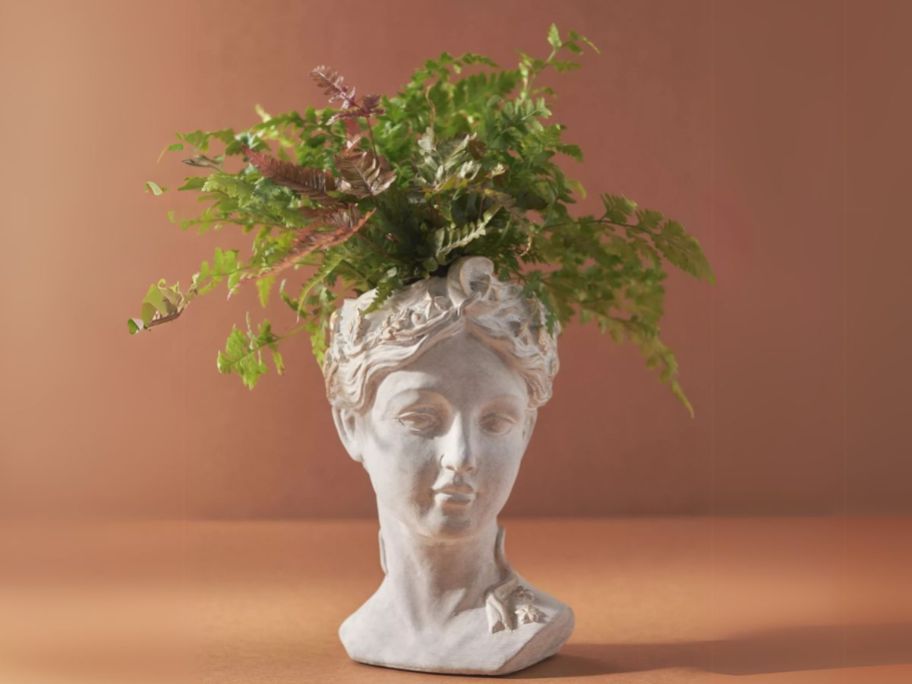 Anthropologie Celestial Grecian Bust Cement Pot with plant in it