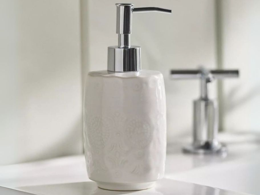 Anthropologie Old Havana Ceramic Soap Dispenser on bathroom counter