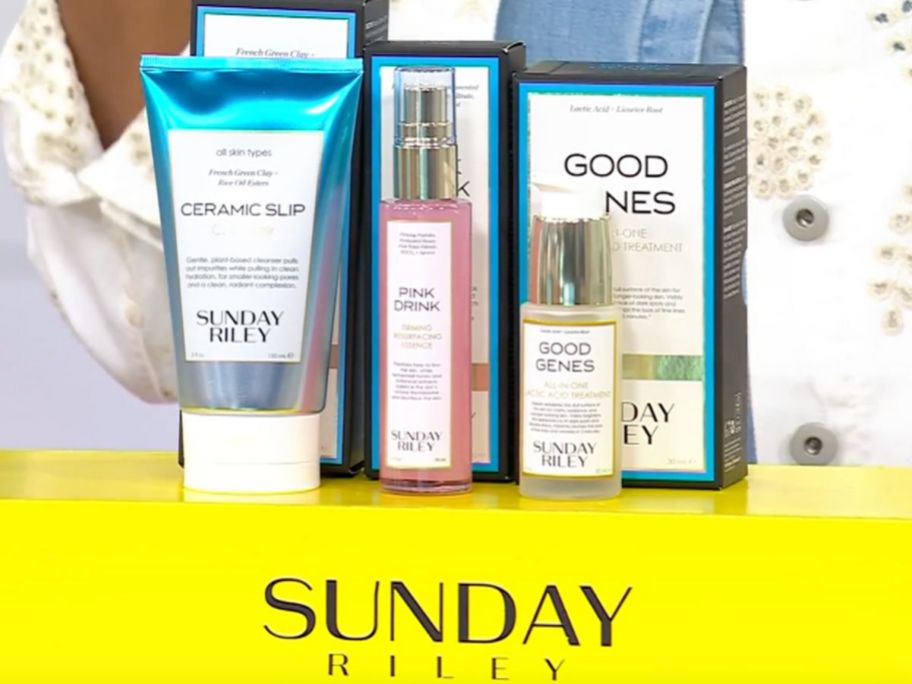 3 pieces of Sunday Riley Skincare including the Ceramic Slip Cleanser, Pink Drink Spray and Good Genes Serum