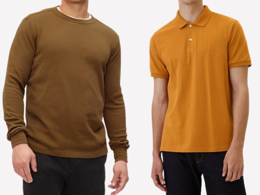 a man wearing a brown waffle knit shirt and a man wearing a yellow polo shirt