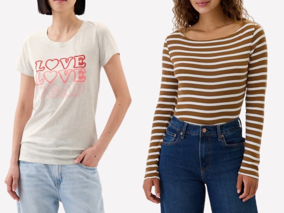 woman wearing a cream tshirt that says Love and woman wearing a brown and white striped long sleeve shirt and jeans