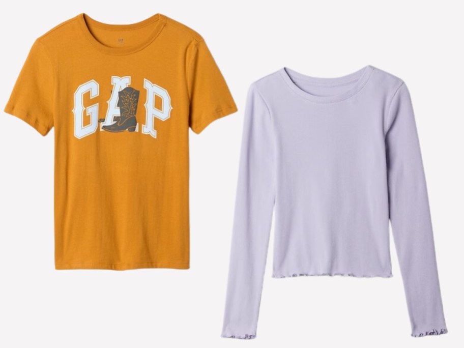 a bright yellow kids GAP logo tshirt with a boot on it and a light purple kids long sleeve tshirt