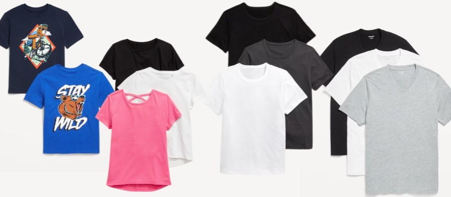 Old Navy kids t-shirts, women's crew and men's v-neck t-shirts