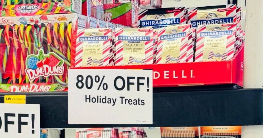 walgreens candy on clearance in store with sign in front of it