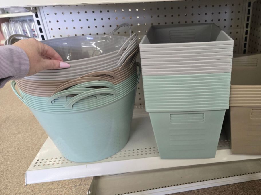 dollar tree baskets on shelf in store