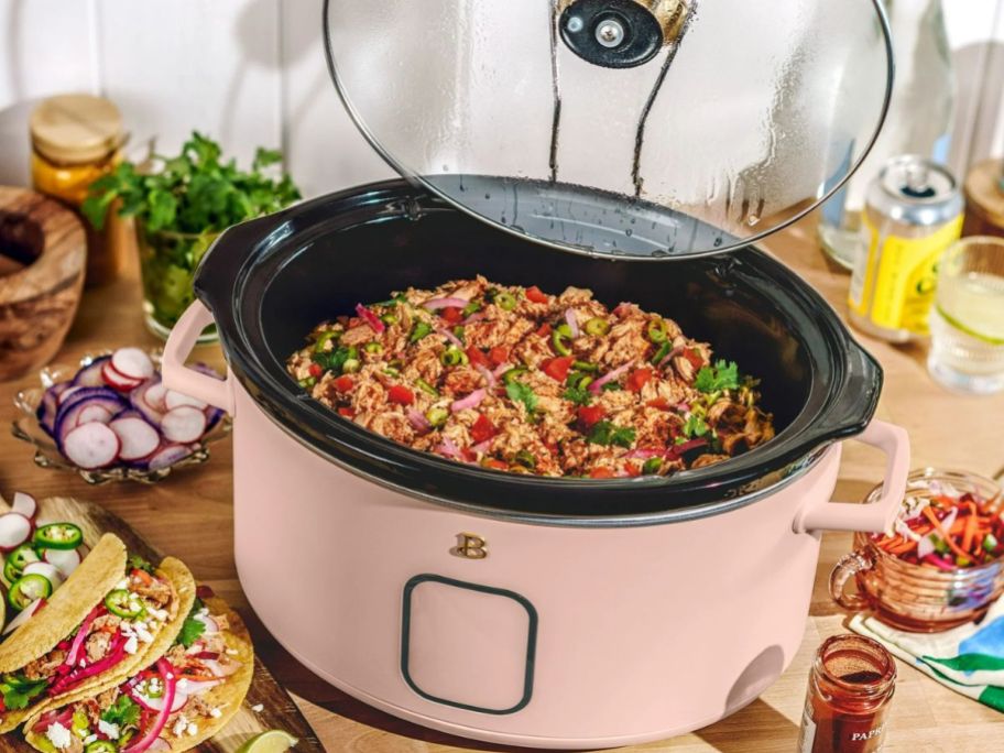 Beautiful by Drew Barrymore Slow Cooker filled with mexican food