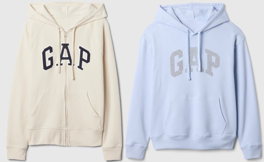 beige and blue gap hoodies