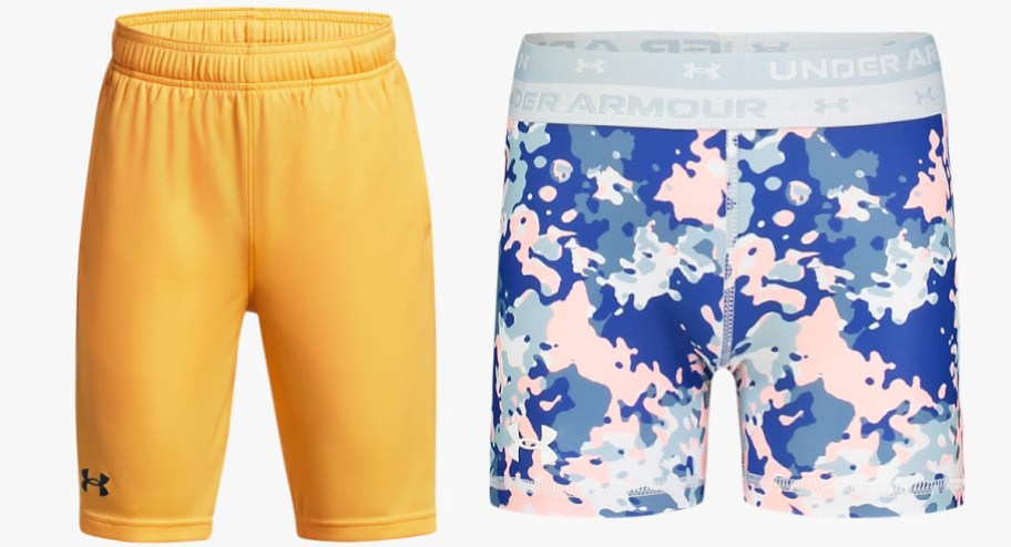 solid yellow and blue/pink camo print shorts