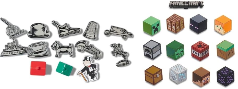 Crocs Jibbitz shoe charm packs - one set has Monopoly game piece figures and the other set has Minecraft figures block heads