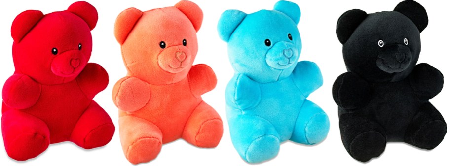 red, orange, blue, and black gummy bear plushies