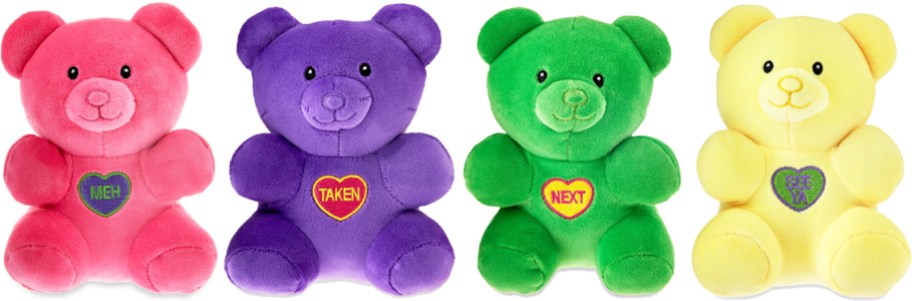 pink, purple, green, and yellow valentine's day gummy bear plushies