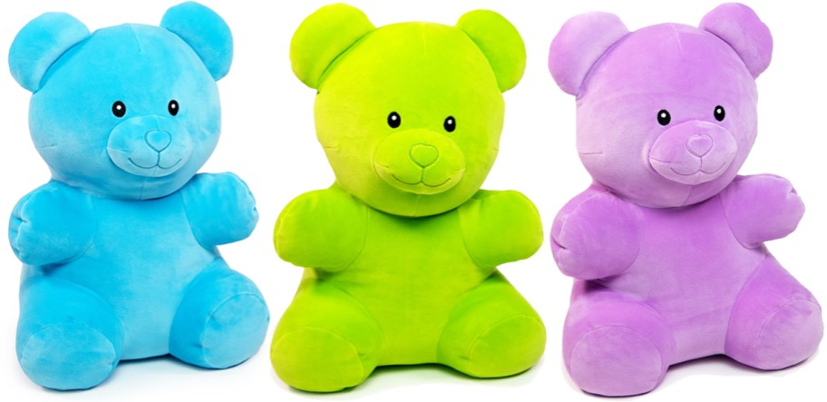 blue, green, and purple gummy bear plushies