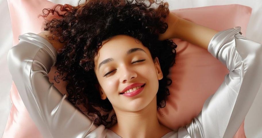 Woman laying on a Bedelite satin pillowcase