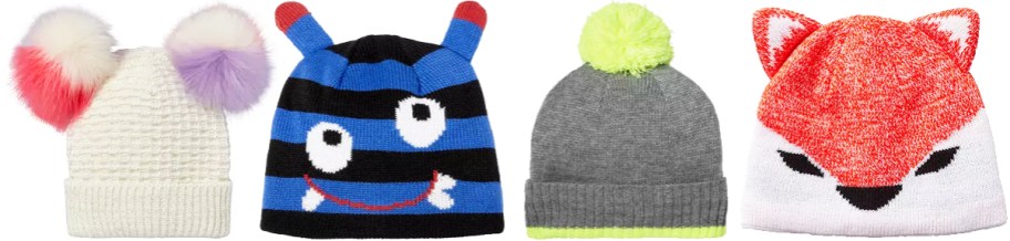 4 knit hats in various designs