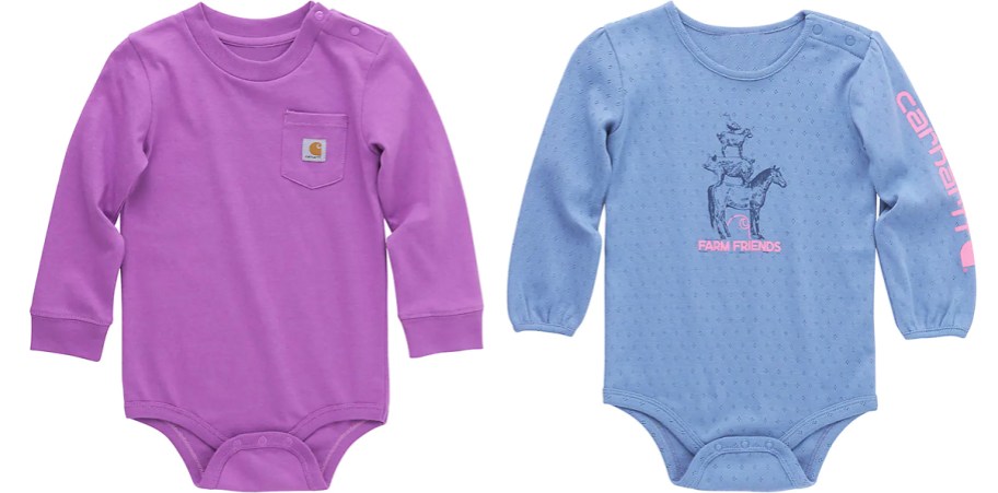 purple and blue long sleeve infant bodysuits