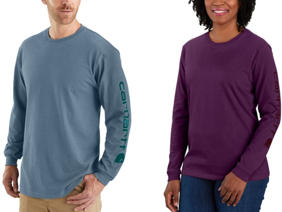 Stock images of a man and a woman wearing Carhartt tees