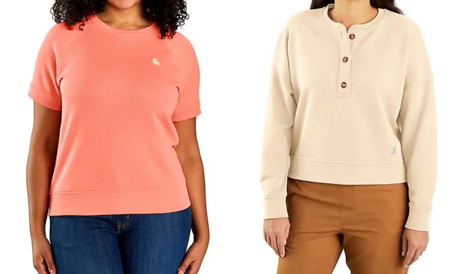 two women in coral short sleeve and cream long sleeve sweatshirts