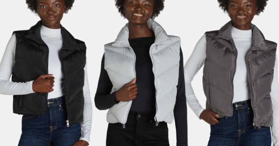 woman wearing liv & lottie cropped puffer vest from walmart in 3 colors