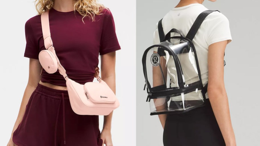 two women in pink purse and clear backpack