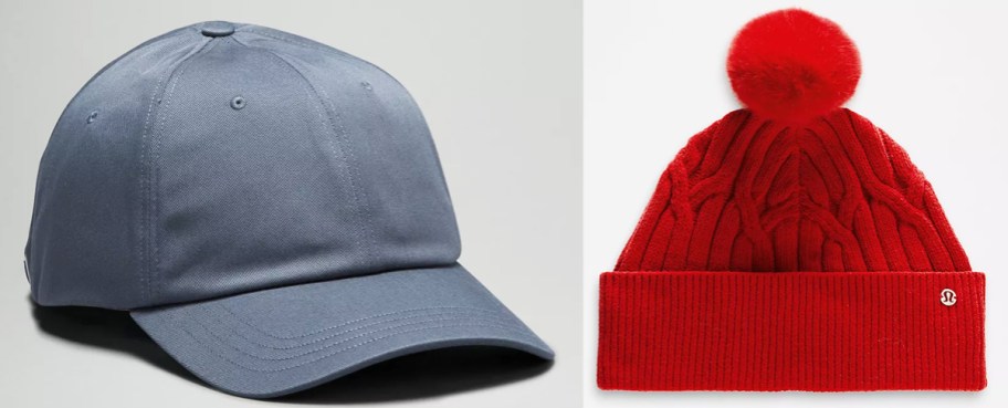 blue ball cap and red beanie