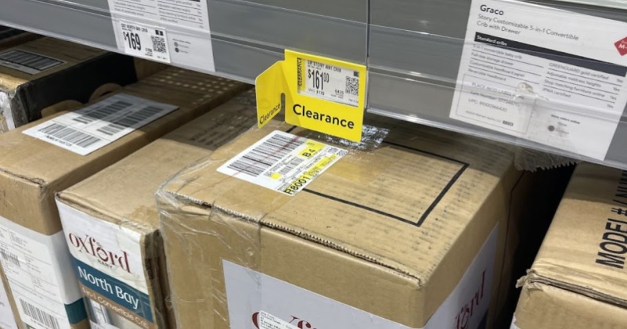 walmart clearance tag on store shelf with baby items