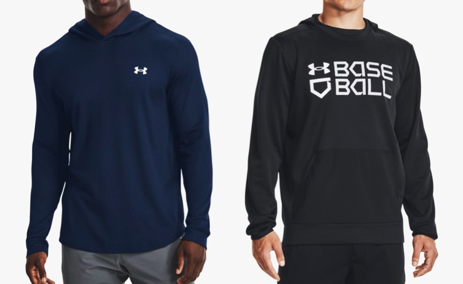 man in navy blue hoodie and man in black hoodie that says baseball