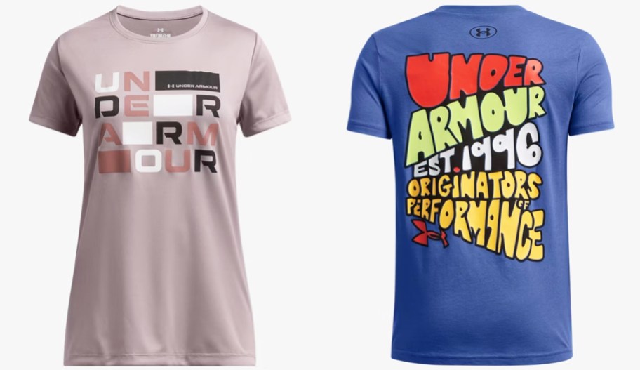 pink and blue under armour graphic tees