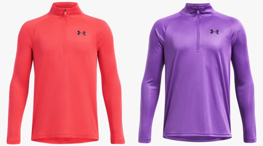 red and purple half zip sweaters