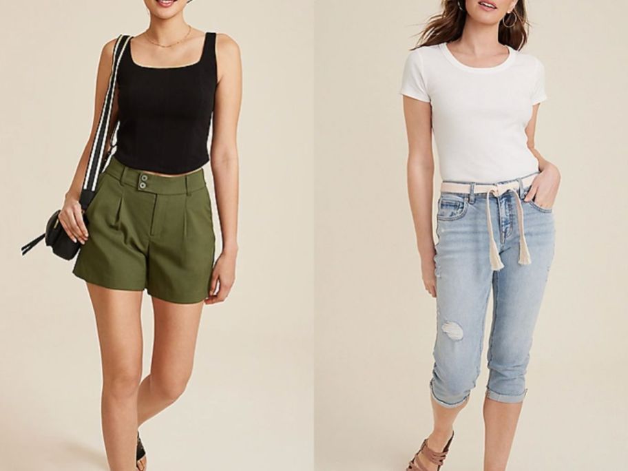 Stock images of women wearing Maurices shorts and cropped jeans