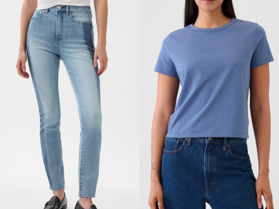 gap women's patchwork jeans and vintage t-shirt