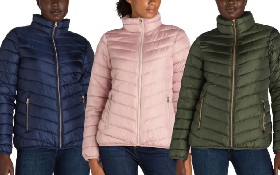 3 women wearing 3 different colors of puffer jacket