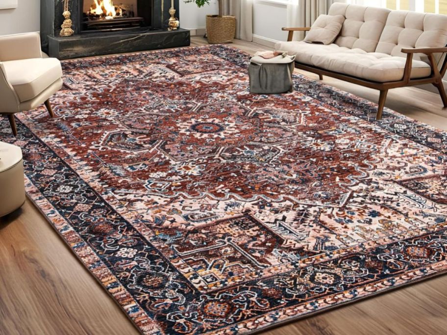 Iseau Washable Vintage 6 x 9 Rug in Brick Red in living room