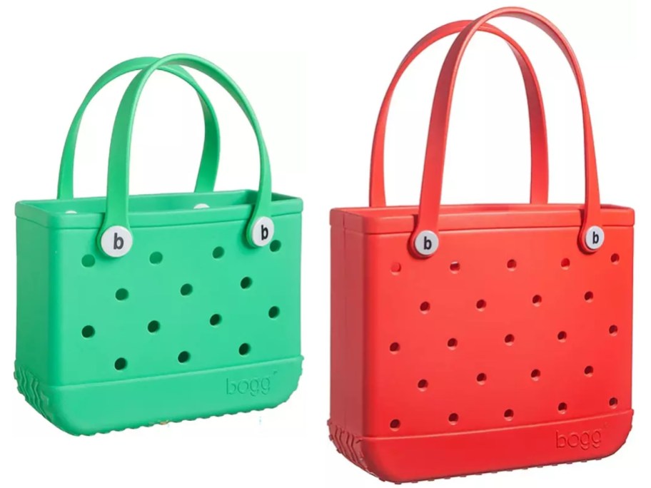 a green smaller size Bogg Bag and a coral medium size Bogg bag - plastic bags with holes around the front and wide handles