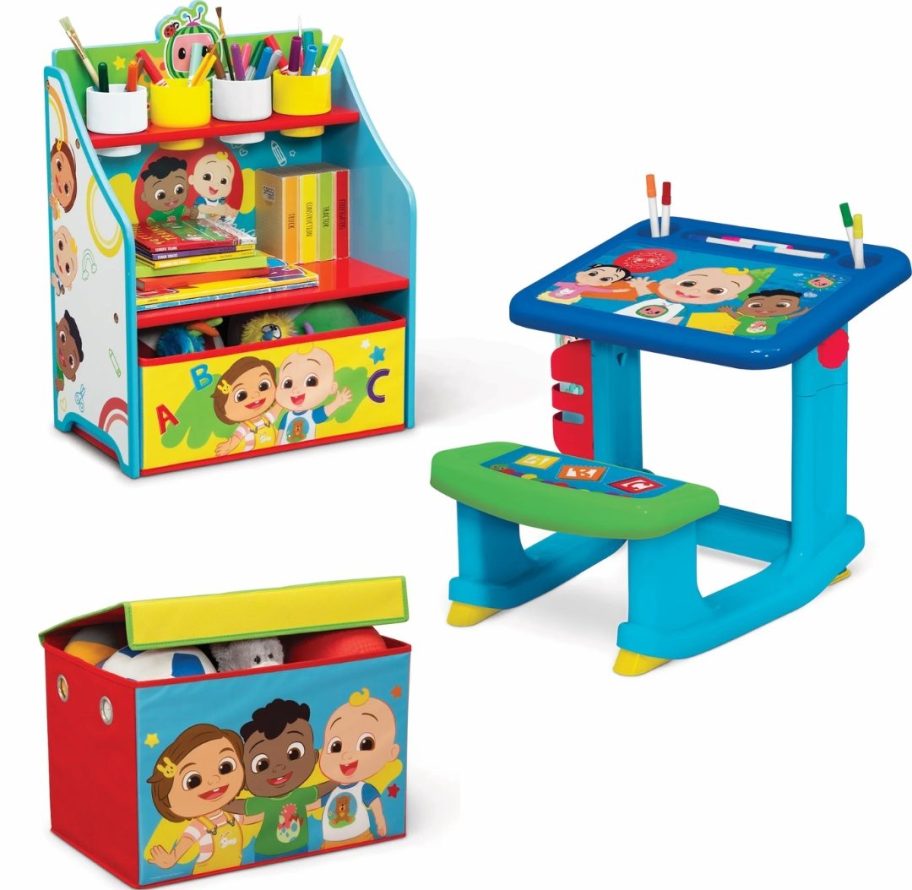 kid's CoComelon art set with a toybox, art desk and storage shelf