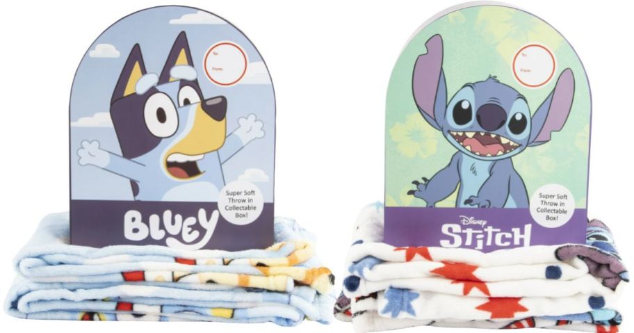 Walmart Character Throw Blankets w Collectible Box Bluey & Stitch