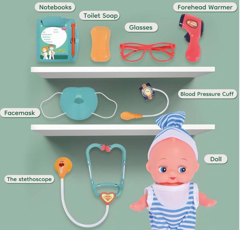 Accessories and doll included in kids MRI machine dr playset