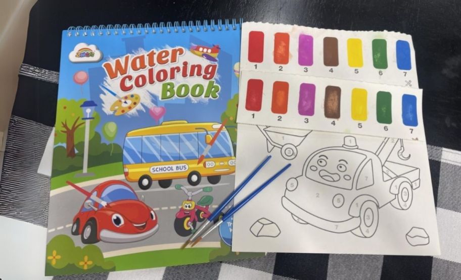 kids water coloring book shown with a water coloring page.