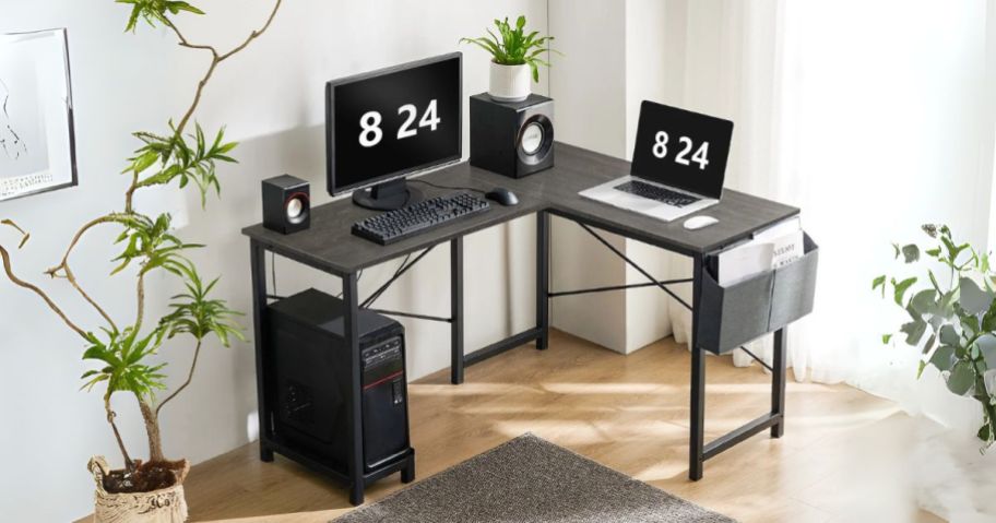 Gianna L-Shaped Computer Desk w/ Wooden Desktop in office