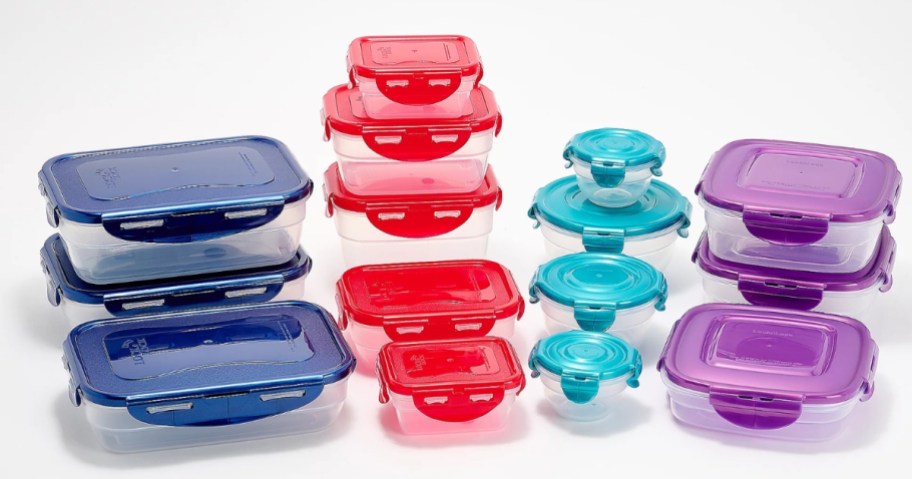 a set of 15 difference shape and size clear plastic food storage containers with colorful lids