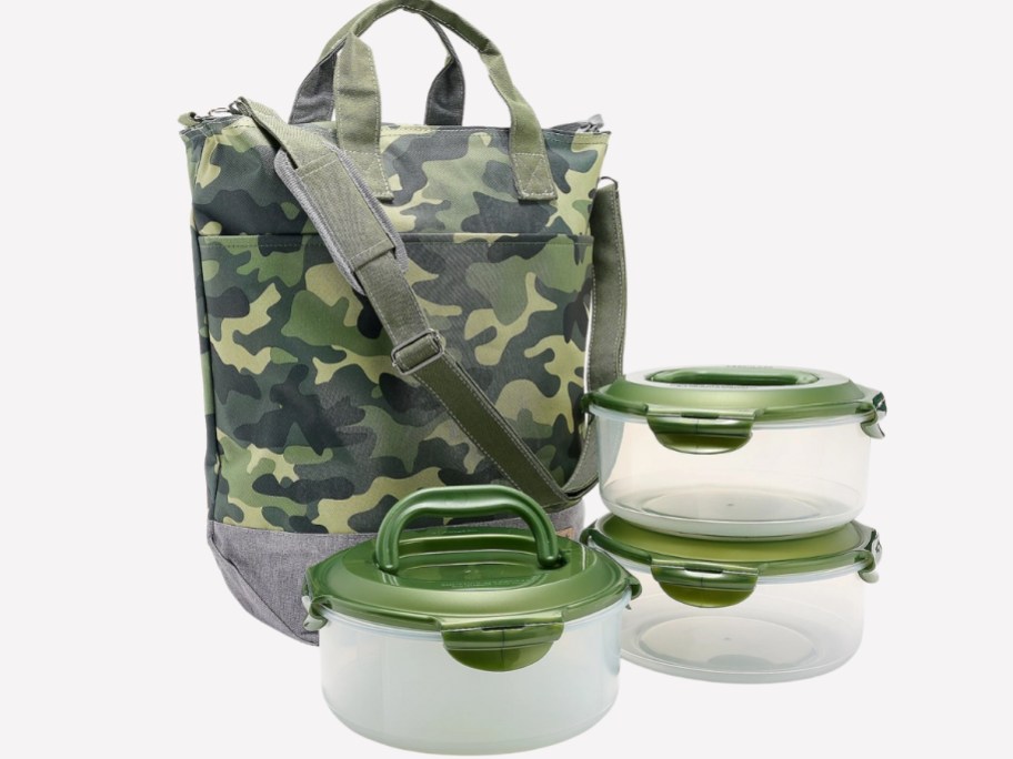 a green camo insulated large tote bag with three clear plastic food storage containers with green lids