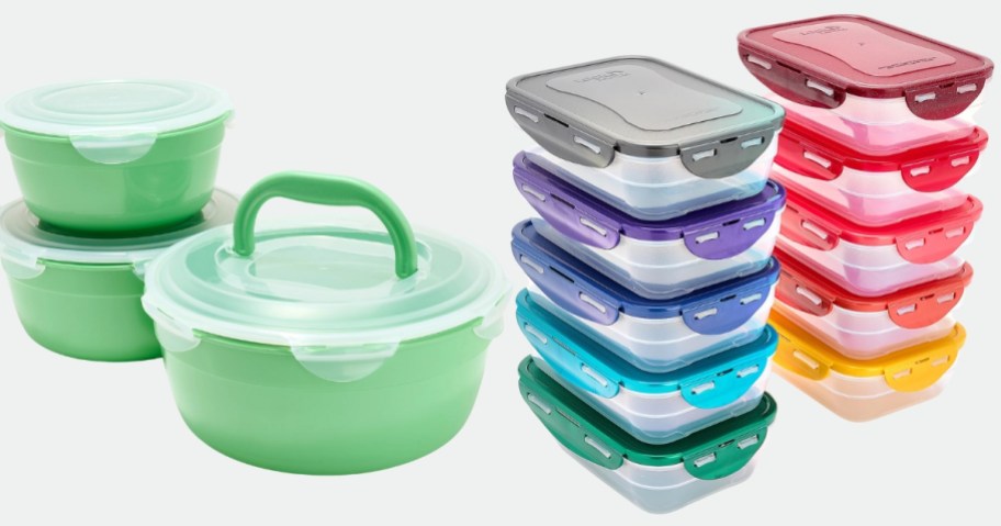 a set of 3 large round green plastic bowls with clear lids and a set of 10 clear food plastic storage containers with different color lids