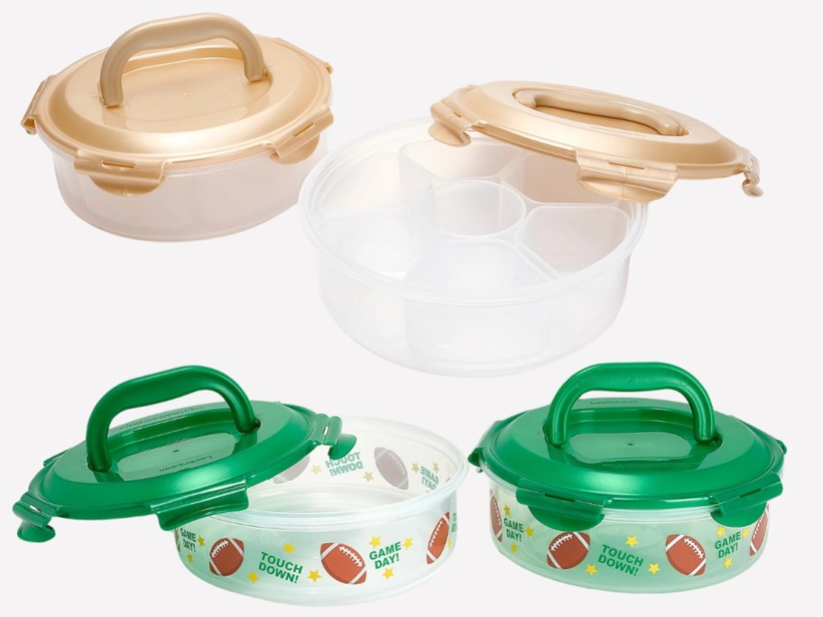 a set of 2 round divided food serving containers with goldish lids and a set of 2 round food serving containers with footballs and "Game Day" around the side and green lids