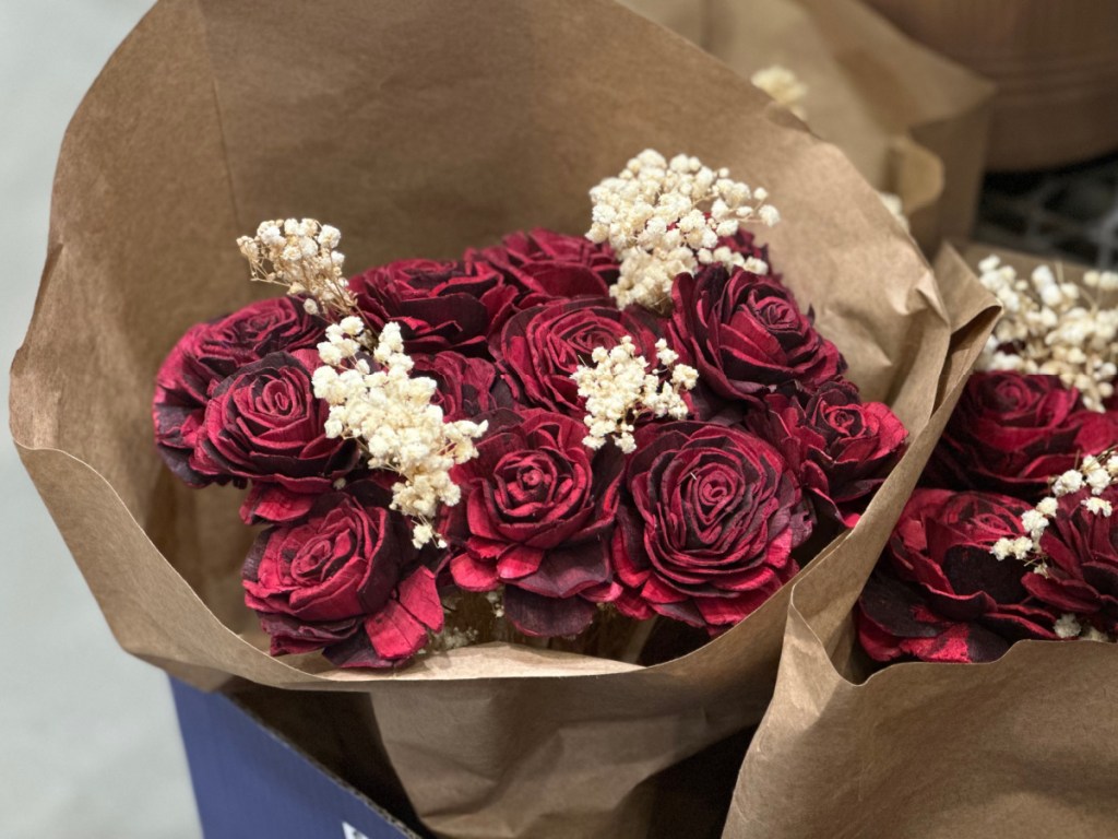 red paper flower bouquet inside Lowe's store