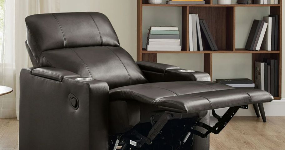 A reclined Mainstays Faux Leather Recliner